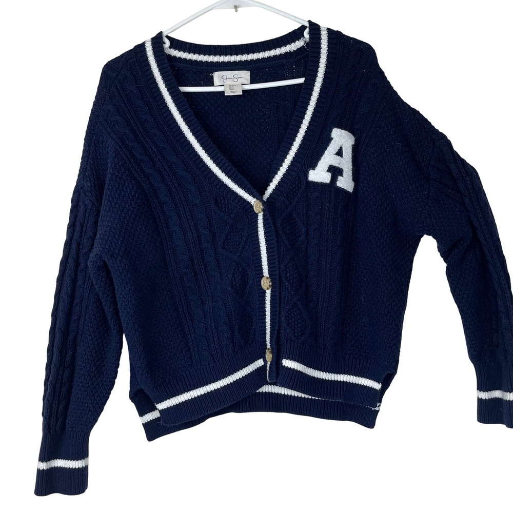 Jessica Simpson Cardigan Sweater Womens M Navy Blue Cotton Varsity Letter A
